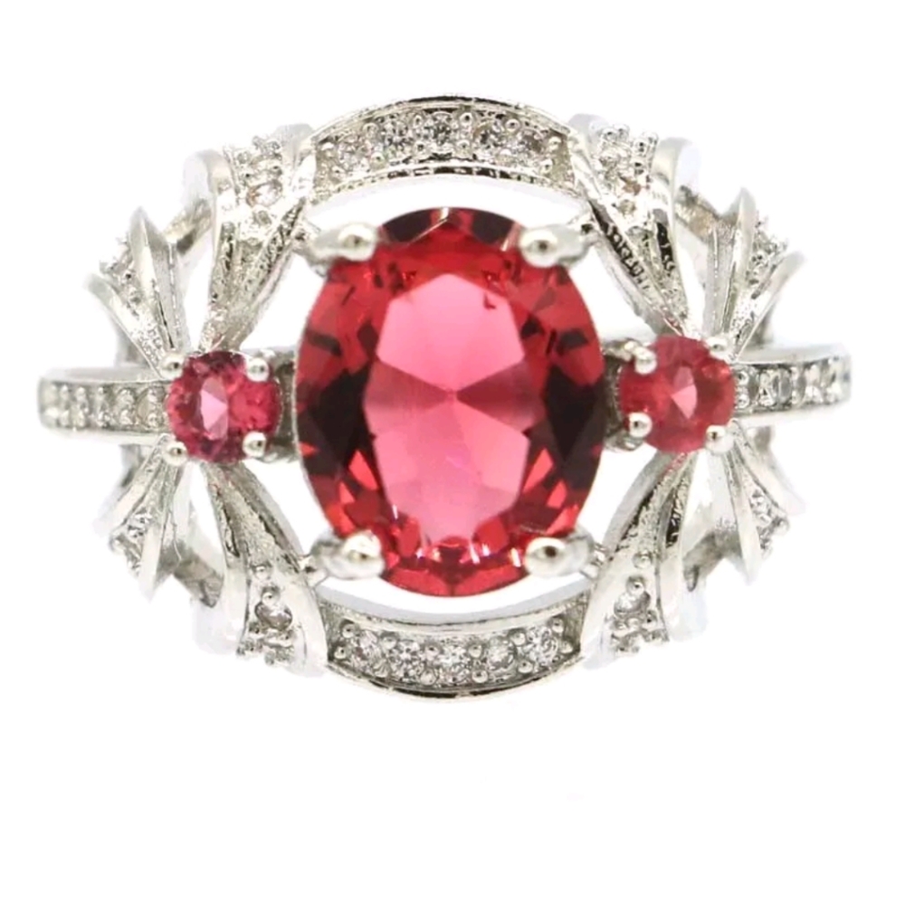 New size 7 raspberry rhodolite garnet cz sterling silver ring
